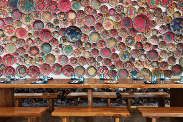 restaurant with traditional mexican plates decorating the walls